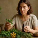 Žena skúma liečivé rastliny a pripravuje prírodný liek.