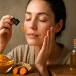 Žena aplikuje kurkumový olej na pleť pre zdravú pokožku.