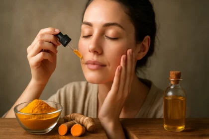 Žena aplikuje kurkumový olej na pleť pre zdravú pokožku.