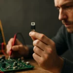 Muž skúma bipolárny tranzistor na doske s obvodmi.