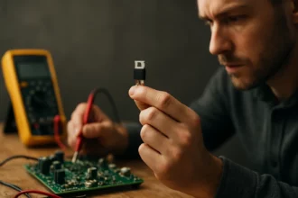 Muž skúma bipolárny tranzistor na doske s obvodmi.