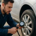 Muž kontroluje tlak v pneumatike auta so snímačom