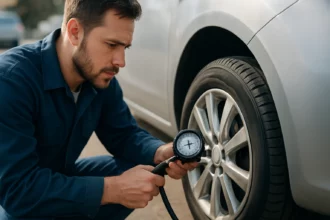 Muž kontroluje tlak v pneumatike auta so snímačom