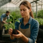 Žena v skleníku drží mladú rastlinu a kontroluje jej zdravie