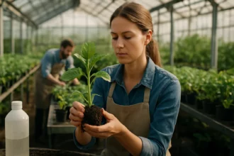 Žena v skleníku drží mladú rastlinu a kontroluje jej zdravie