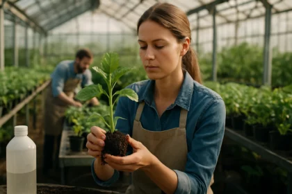 Žena v skleníku drží mladú rastlinu a kontroluje jej zdravie