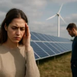 Mladý pár pred solárnymi panelmi, znepokojený budúcnosťou obnoviteľnej energie.