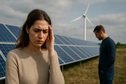 Mladý pár pred solárnymi panelmi, znepokojený budúcnosťou obnoviteľnej energie.