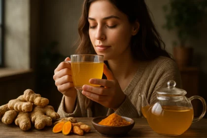 Žena si vychutnáva zázvorový a kurkumový čaj s prírodnými ingredienciami.
