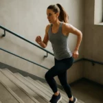 Žena cvičiaca počas behu po schodoch pre silu nôh a zdravie