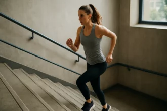 Žena cvičiaca počas behu po schodoch pre silu nôh a zdravie