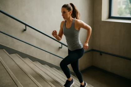 Žena cvičiaca počas behu po schodoch pre silu nôh a zdravie