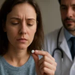 Žena znepokojene drži pilulku, zatiaľ čo lekár pozoruje.