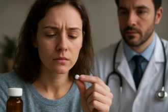 Žena znepokojene drži pilulku, zatiaľ čo lekár pozoruje.