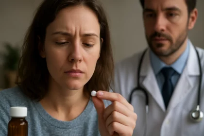 Žena znepokojene drži pilulku, zatiaľ čo lekár pozoruje.