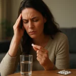 Žena s bolestivou hlavou drží tabletu a pohár vody