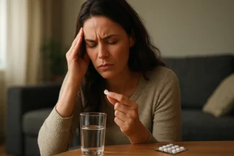 Žena s bolestivou hlavou drží tabletu a pohár vody
