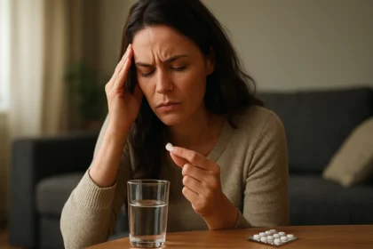 Žena s bolestivou hlavou drží tabletu a pohár vody