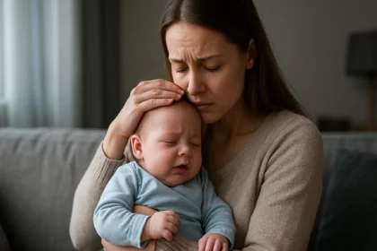 Matka drží plačúce bábätko počas studeného frontu