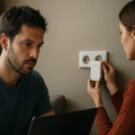 Muž a žena inštalujú powerline adaptér v domácnosti pre internet.