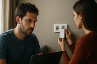 Muž a žena inštalujú powerline adaptér v domácnosti pre internet.