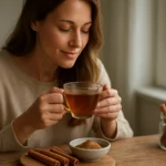 Žena si vychutnáva škoricový čaj a škoricu na stole.