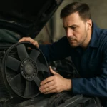 Mechanik kontroluje chladiaci ventilátor v automobilovom motore.