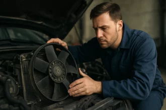 Mechanik kontroluje chladiaci ventilátor v automobilovom motore.