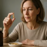 Žena skúma kapsulu brómu pred jej užitím pre zdravie.