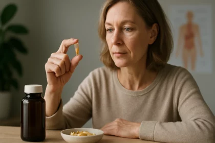 Žena skúma kapsulu brómu pred jej užitím pre zdravie.