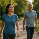 Dvojica ľudí chodiacich v parku na slnečnej ceste.