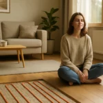 Žena sedí na podlahe v obývacej izbe s podlahovým kúrením.