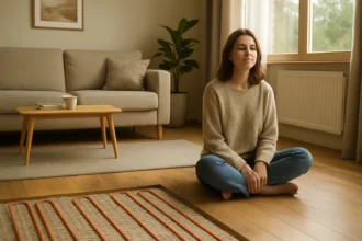 Žena sedí na podlahe v obývacej izbe s podlahovým kúrením.