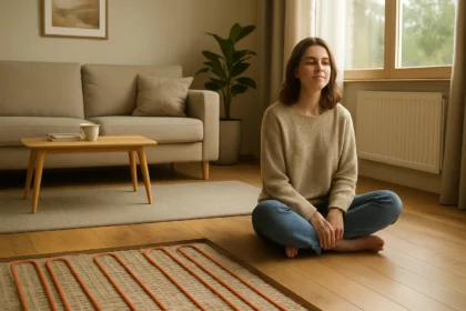 Žena sedí na podlahe v obývacej izbe s podlahovým kúrením.