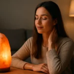 Žena relaxuje pri soľnej lampe s teplým svetlom v miestnosti.