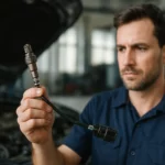 Muž skúma 5-vodičovú lambda sondu pre automobilový priemysel