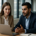 Dva profesionáli diskutujú o kariérnych príležitostiach v kancelárii.