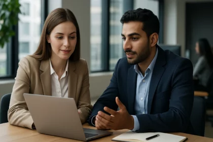 Dva profesionáli diskutujú o kariérnych príležitostiach v kancelárii.