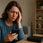 Žena s bolesťou hlavy sleduje mobil počas používania Wi-Fi.