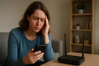 Žena s bolesťou hlavy sleduje mobil počas používania Wi-Fi.