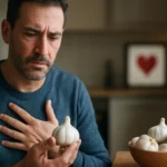 Muž drží cesnak s dôrazom na jeho zdravotné účinky.