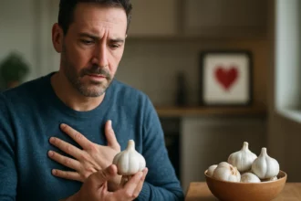 Muž drží cesnak s dôrazom na jeho zdravotné účinky.
