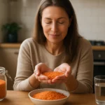 Žena skúma červenú šošovicu v kuchyni s jedlom a vodou.