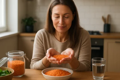 Žena skúma červenú šošovicu v kuchyni s jedlom a vodou.