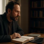 Muž zamyslený nad otvorenou knihou pri počítači.