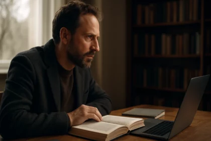 Muž zamyslený nad otvorenou knihou pri počítači.