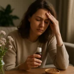 Žena s bolesťou hlavy a valeriánovým extraktom v ruke