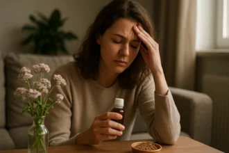 Žena s bolesťou hlavy a valeriánovým extraktom v ruke