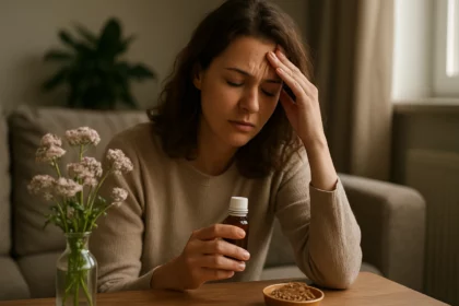 Žena s bolesťou hlavy a valeriánovým extraktom v ruke