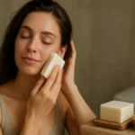 Žena používajúca mydlo s bambuckým maslom na pokožku tváre
